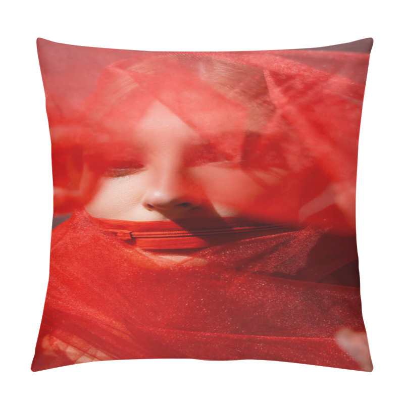 Personality  Young Woman With Zipper On Mouth And Blurred Red Cloth On Grey Background  Pillow Covers