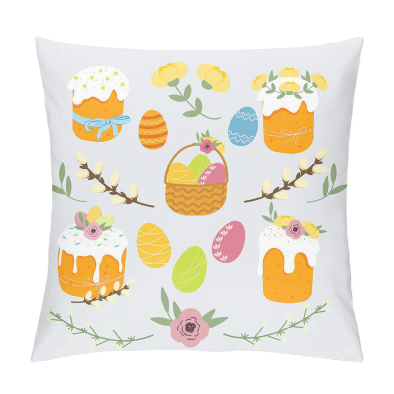 Personality  Easter Spring Set, Easter Cake, Easter Eggs, Basket With Eggs, Flowers, Willow Twigs. Vector Decor Elements Pillow Covers