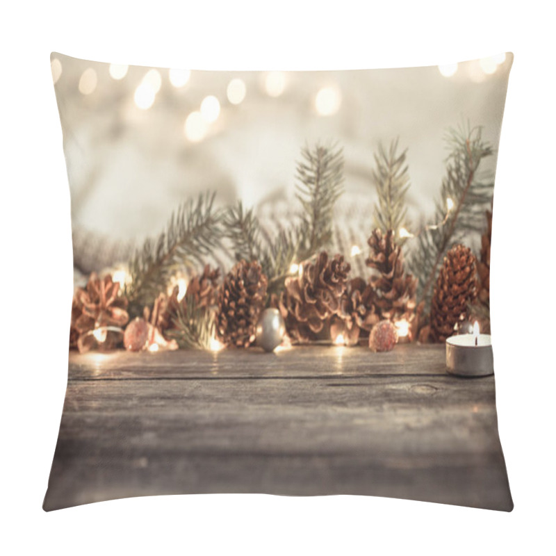 Personality  Festive New Year Background With Cones And Lights. Pillow Covers