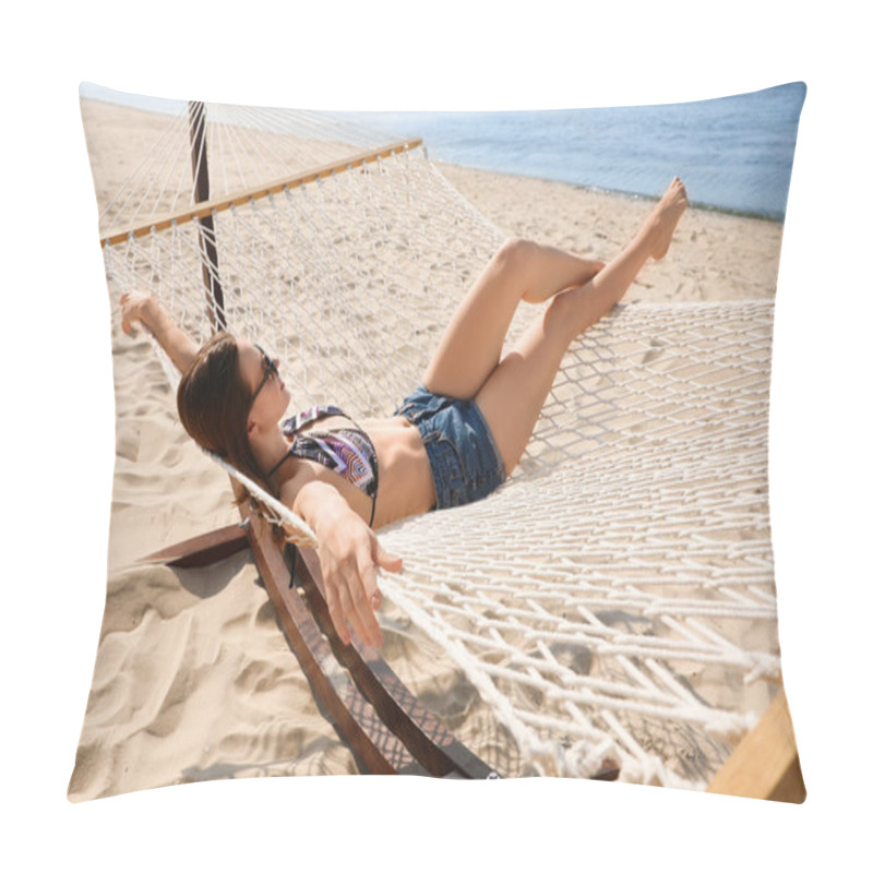 Personality  Young Woman Relaxing In Hammock On Beach Pillow Covers