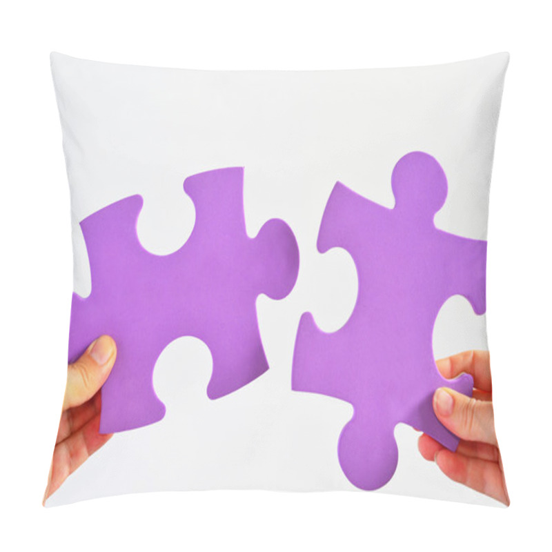 Personality  Man And Woman Hands Holds Two Different Puzzle Pieces Separated Pillow Covers