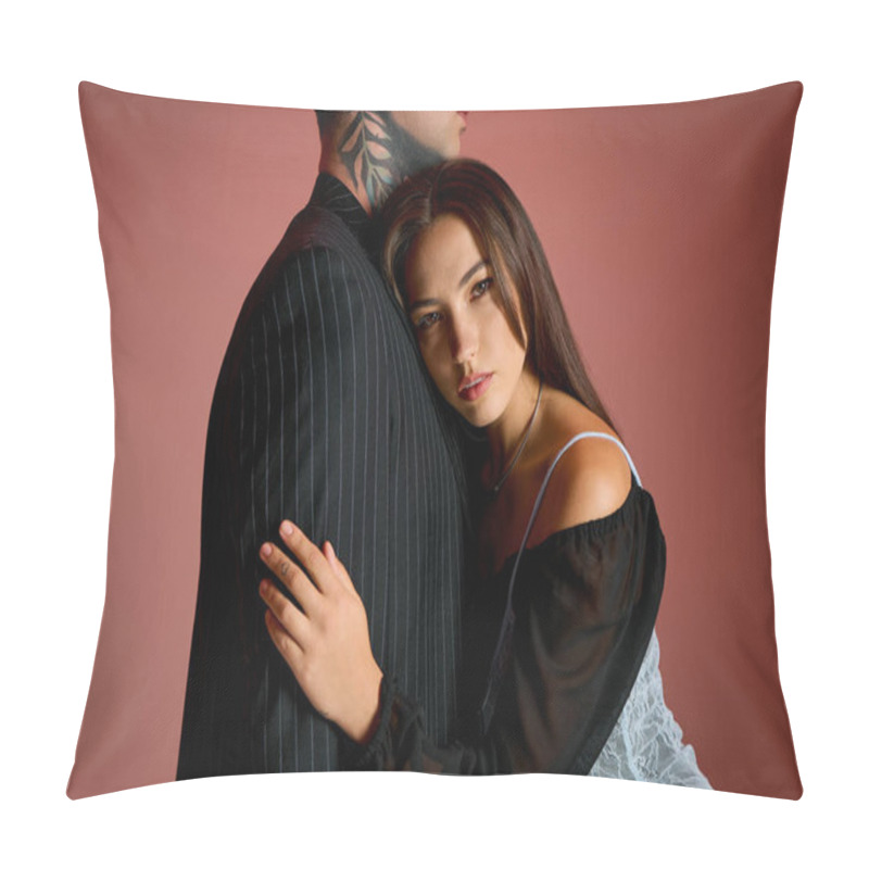 Personality  A Young Woman Leans Affectionately On Her Partner While He Stands Confidently Beside Her. Pillow Covers