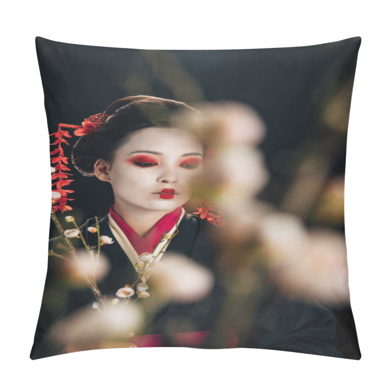 Personality  Selective Focus Of Beautiful Geisha In Black Kimono With Red Flowers In Hair And Sakura Branches Isolated On Black Pillow Covers