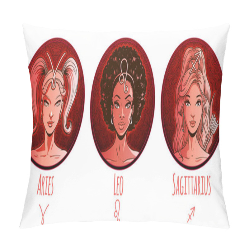 Personality  Fire Zodiac Set, Beautiful Girls, Aries, Leo, Sagittarius, Horos Pillow Covers