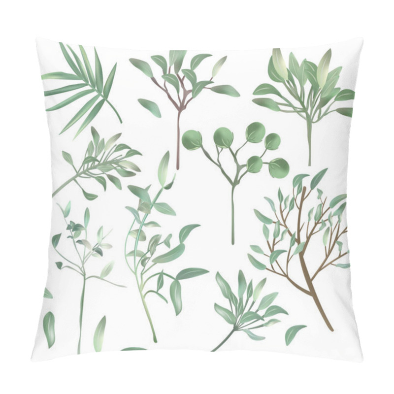 Personality  Tree Branches With Green Leaves On White Background. Decoration Foliage, Botanical Collection. Vector Icons For Your Design. Pillow Covers