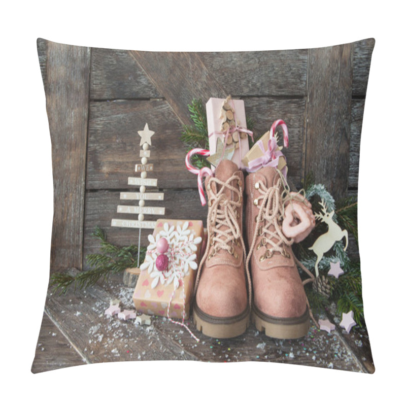 Personality  Rustic Boots With Christmas Presents On Wooden Background Pillow Covers