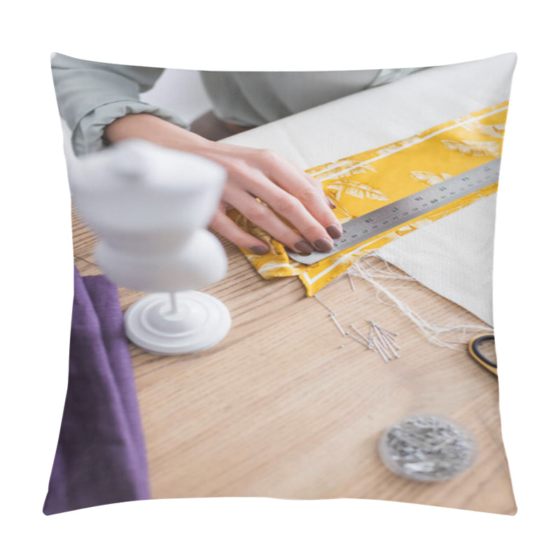 Personality  Cropped View Of Seamstress Holding Ruler Near Cloth, Scissors And Mannequin  Pillow Covers