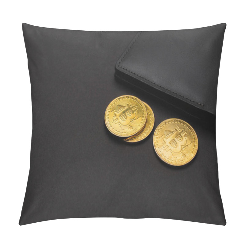 Personality  KYIV, UKRAINE - APRIL 26, 2022: Close Up View Of Golden Bitcoins Near Wallet On Black Background Pillow Covers