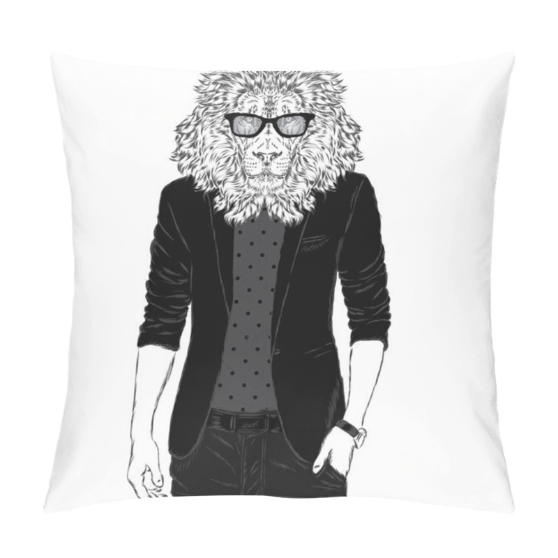 Personality  Leo Hipster In A Jacket And Sunglasses . Vector Illustration. The Print On The Cover , Clothing Or Card . Pillow Covers