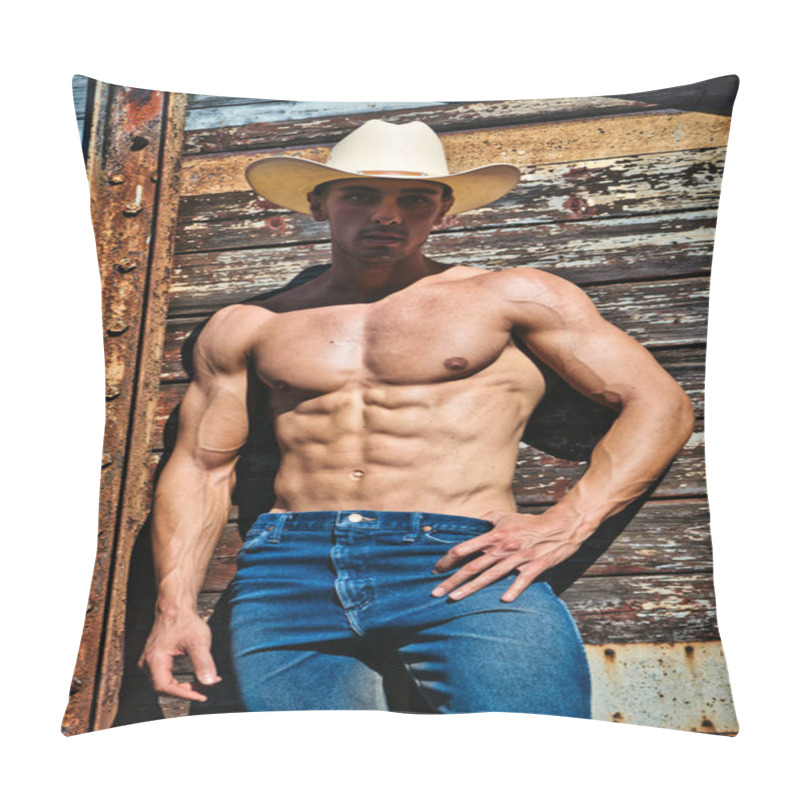 Personality  A Muscular Shirtless Man In A Cowboy Hat Posing In Front Of A Rugged Wooden Wall Pillow Covers