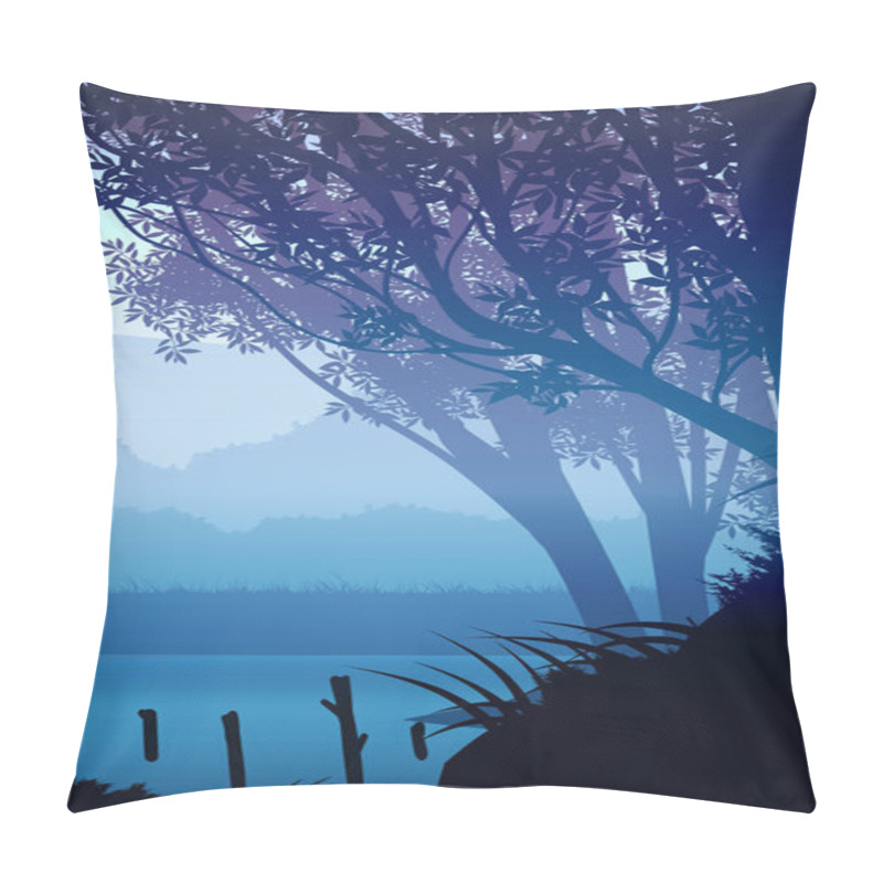 Personality  Natural Forest Mountains Horizon Hills Silhouettes Of Trees Evening Sunrise And Sunset Landscape Wallpaper Illustration Vector Style Colorful View Background Pillow Covers