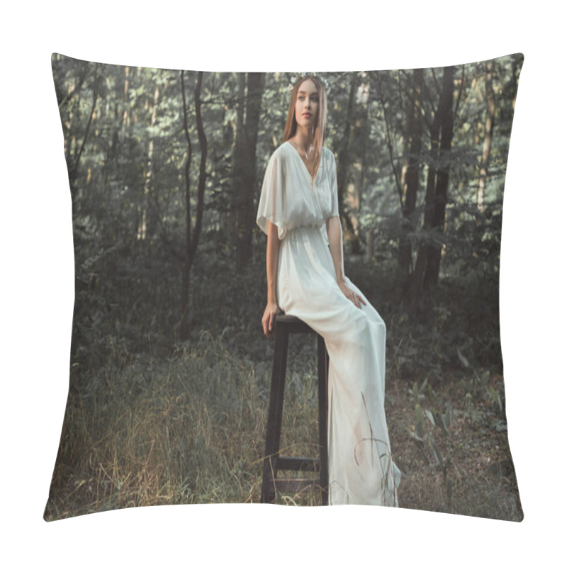 Personality  Beautiful Girl In White Dress Sitting On Stool In Forest  Pillow Covers