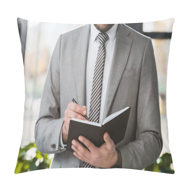 Personality  Cropped Image Of Businessman In Suit Writing Something To Notebook In Office Pillow Covers