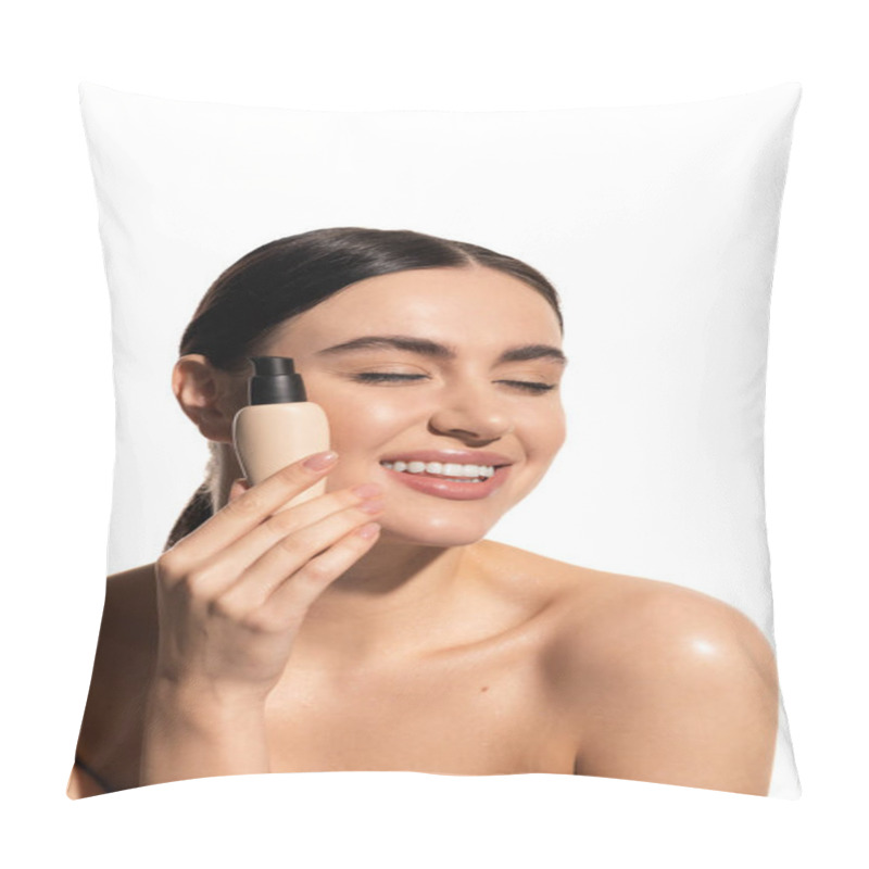 Personality  Pleased Woman Holding Bottle With Liquid Makeup Foundation Isolated On White  Pillow Covers