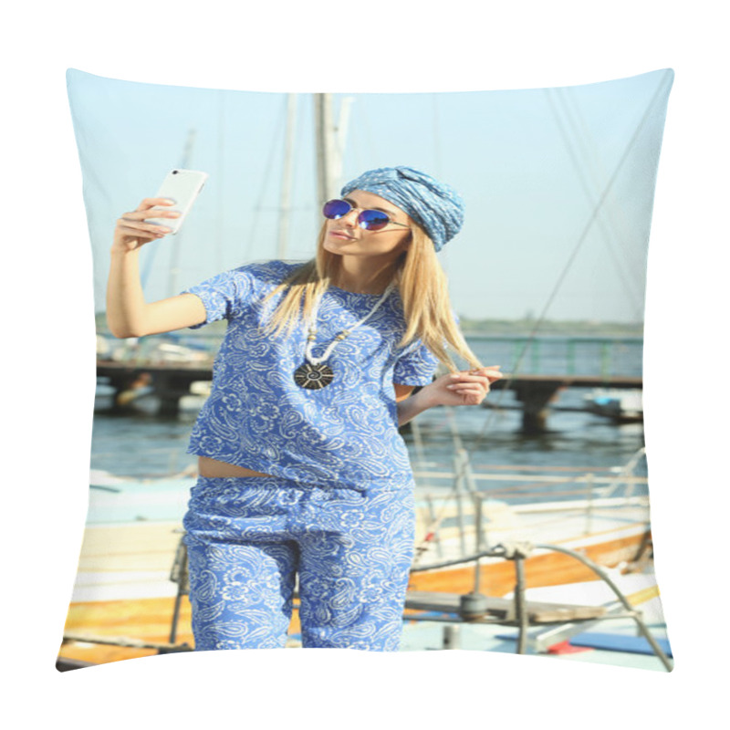 Personality  Beautiful Young Girl Posing On Pier Pillow Covers