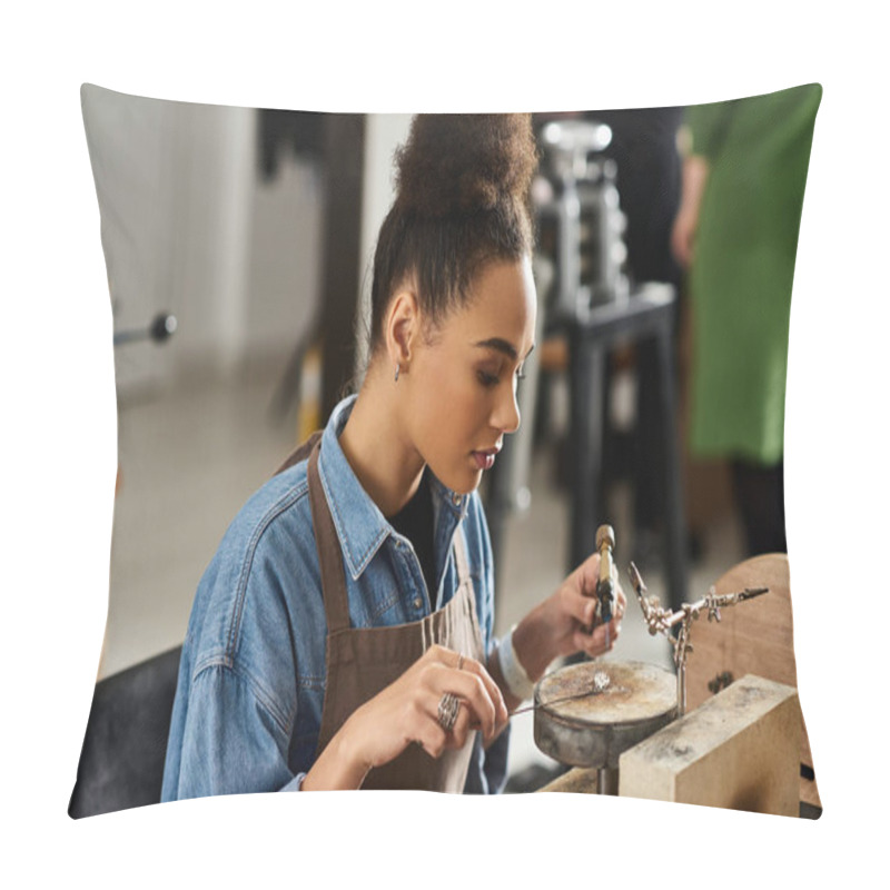 Personality  A Skilled Woman Meticulously Designs Intricate Jewelry While Focusing Intently In Her Workspace. Pillow Covers