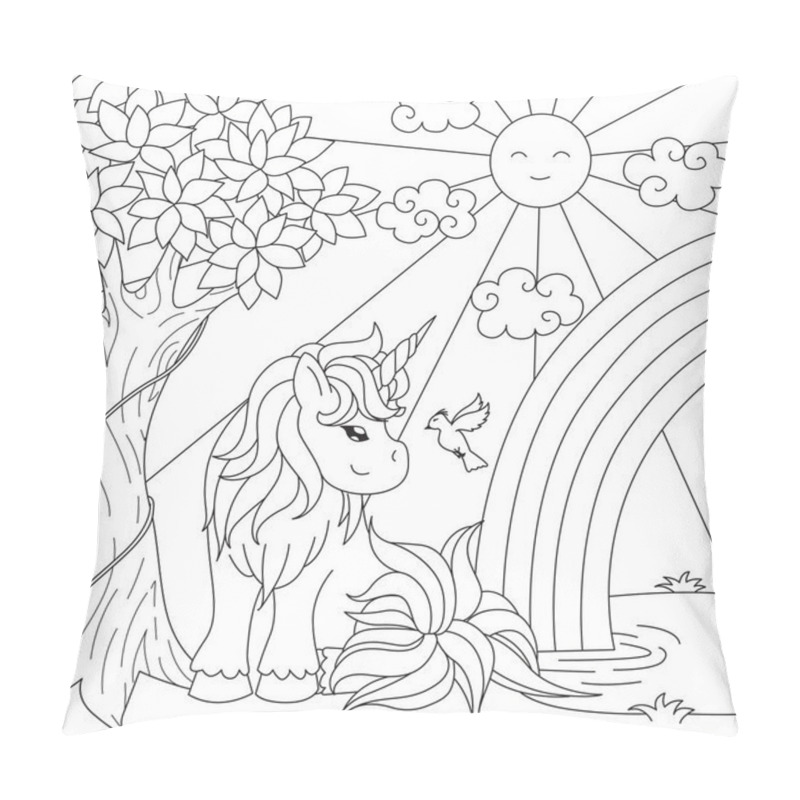 Personality  Cute Unicorn Watching Rainbow On The Pond For Design Element And Coloring Book Page. Vector Illustration Pillow Covers