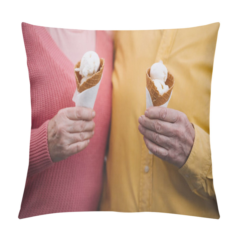 Personality  Cropped View Of Senior Couple Holding Ice Cream Cones Pillow Covers