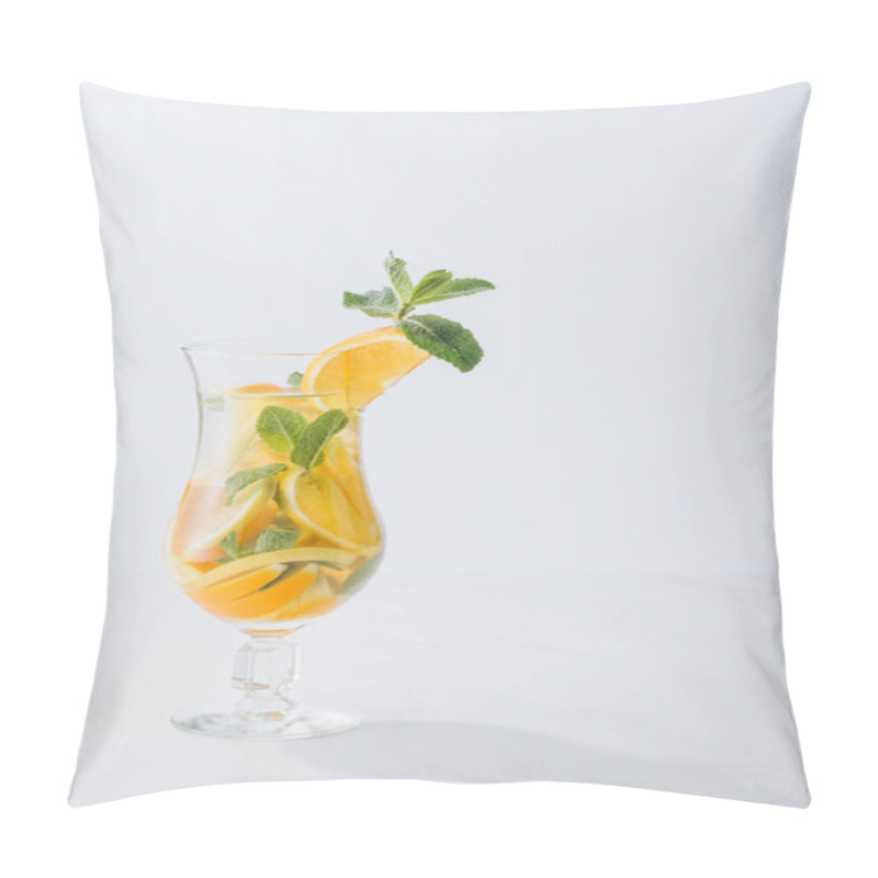 Personality  Close Up View Of Summer Fresh Cocktail With Mint And Pieces Of Citrus Fruits Isolated On White Pillow Covers