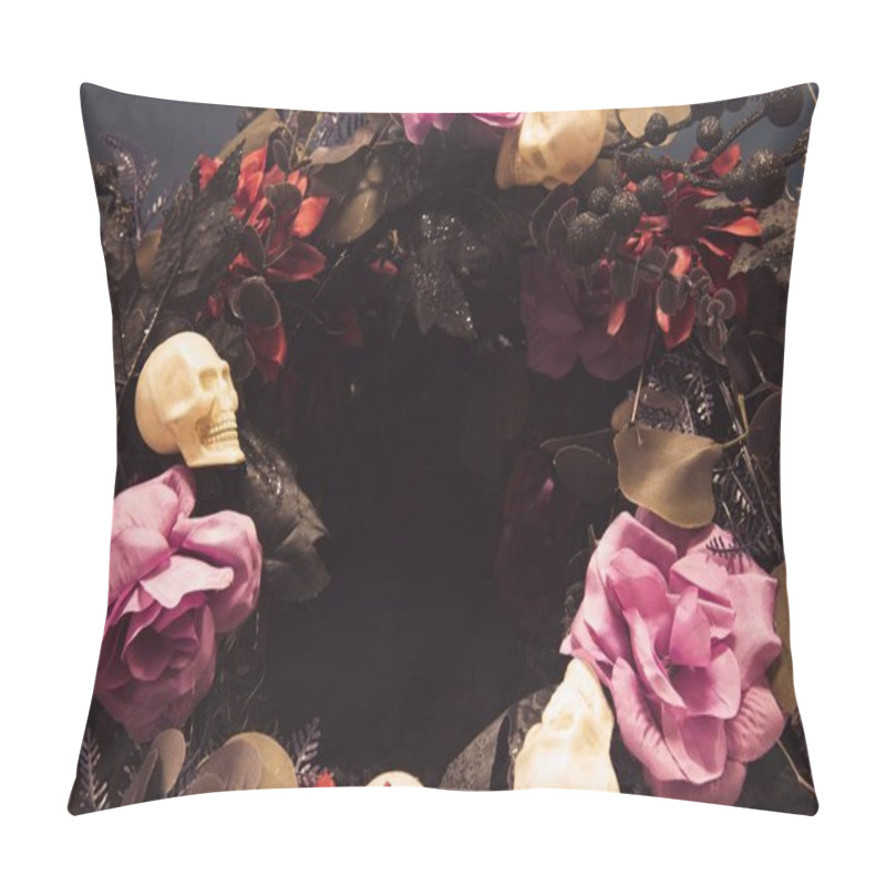 Personality  The Image Shows A Decorative Wreath Adorned With Skulls, Pink Roses, And Dark Foliage Against A Muted Background, Creating A Striking Contrast Between Life And Death Pillow Covers