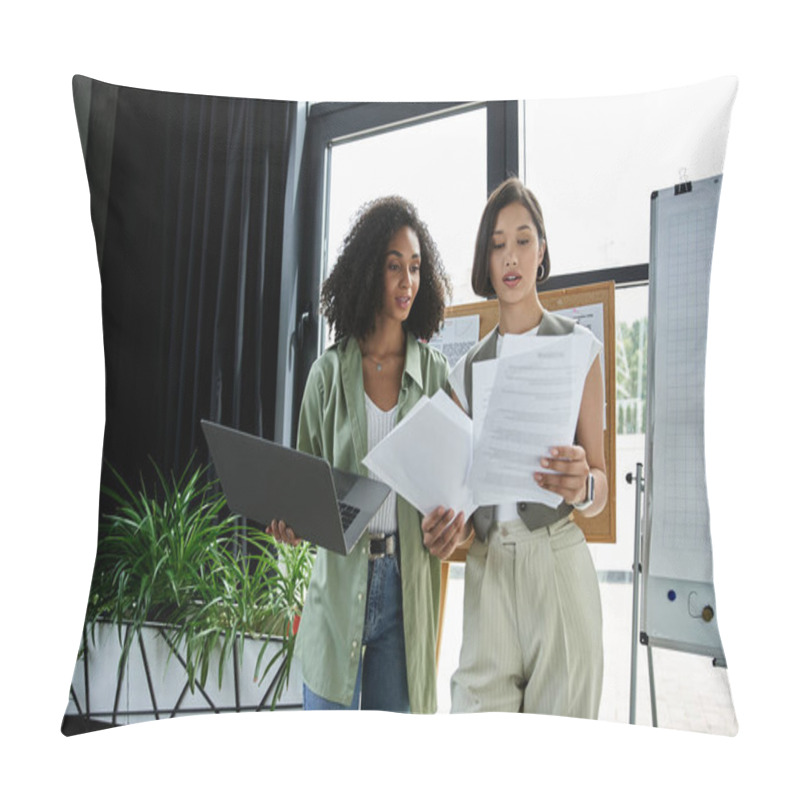 Personality  Two Women Working Together In An Office, Reviewing Documents. Pillow Covers