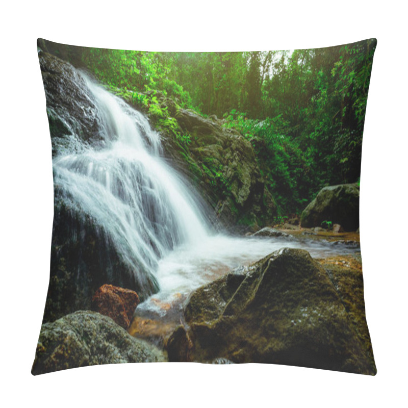 Personality  Beautiful Waterfall In Jungle. Waterfall In Tropical Forest With Green Tree And Sunlight. Waterfall Is Flowing In Jungle. Nature Background. Rock Or Stone At Waterfall. Long Exposure Photography. Pillow Covers