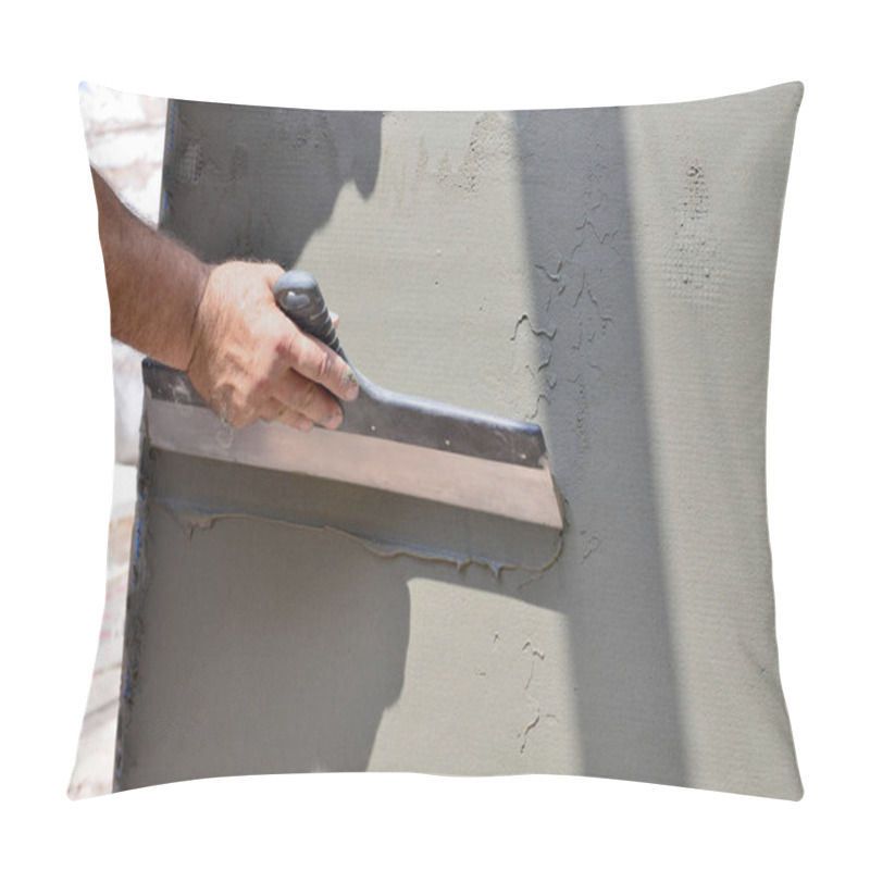 Personality  Hands Of An Old Manual Worker With Wall Plastering Tools Renovating House. Plasterer Renovating Outdoor Walls And Corners With Spatula And Plaster. Wall Insulation. Construction Finishing Works Pillow Covers