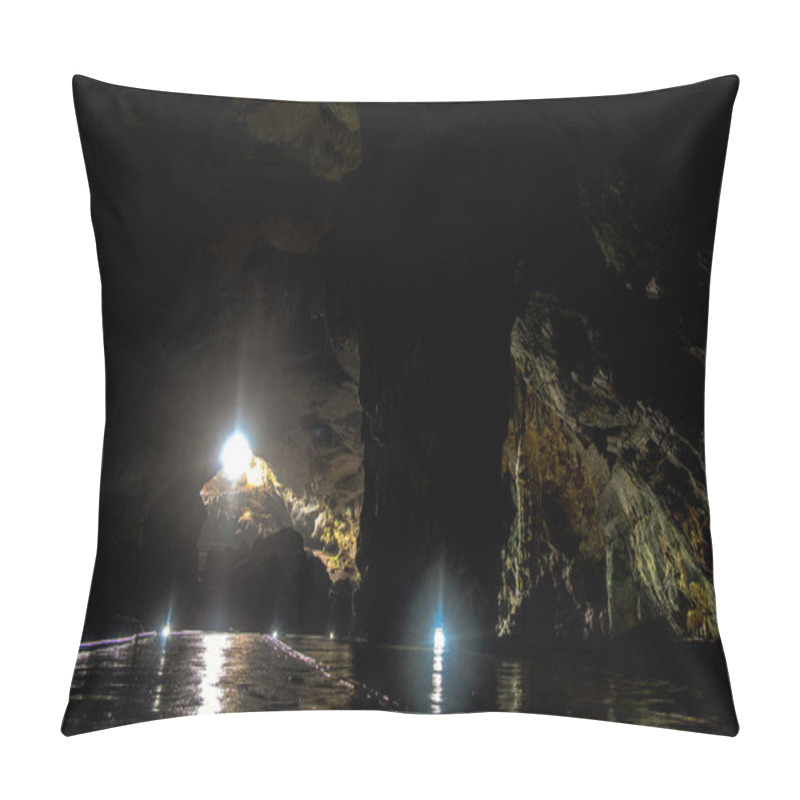 Personality  Visitors Journey Through The Dark And Mysterious Parque Nacional Grutas De Cacahuamilpa, Witnessing The Beauty Of Illuminated Rock Formations Reflecting In The Calm Waters. Pillow Covers