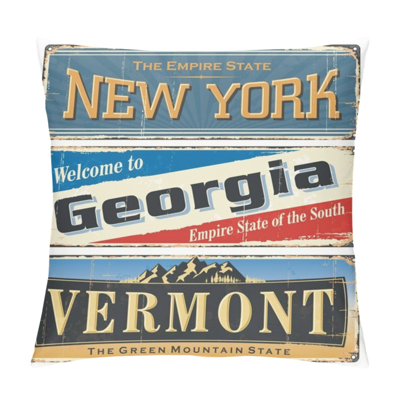 Personality  USA.Vintage Tin Sign Collection With America State. All States. Retro Souvenirs Or Old Paper Postcard Templates On Rust Background. States Of America. New York. Georgia. Vermont. Pillow Covers