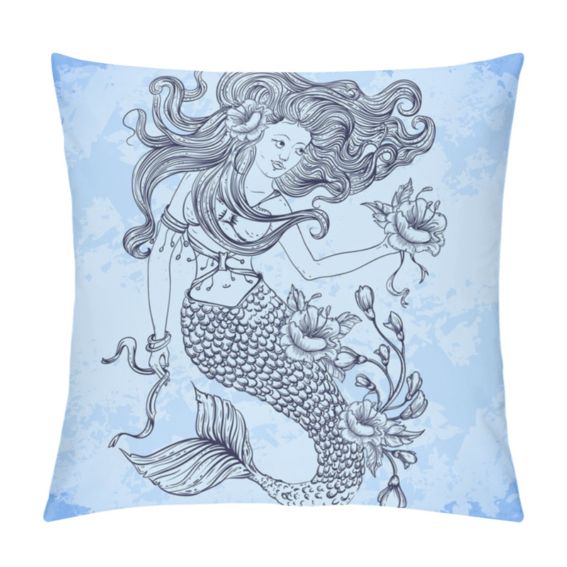 Personality  Mermaid With Beautiful Hair, Flowers And Buds. Tattoo Art. Retro Banner, Invitation,card, Scrap Booking, T-shirt, Bag, Postcard, Poster.Highly Detailed Hand Drawn Vector Illustration Pillow Covers