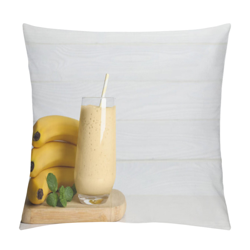 Personality  Glass Of Tasty Smoothie, Mint And Fresh Bananas On White Wooden Table. Space For Text Pillow Covers