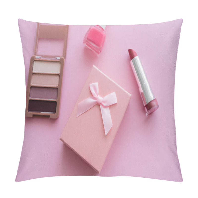 Personality  Top View Of Present With Bow Near Decorative Cosmetics On Pink Pillow Covers