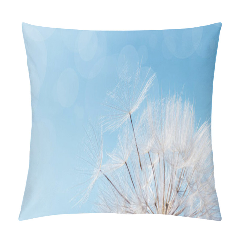 Personality  White Fluffy Dandelion On Soft Blue Sky With Bokeh. Beautiful Flower With Fly Seeds Close Up. Abstract Nature Flowery Banner. Freedom Concept. Pillow Covers