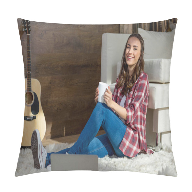 Personality  Young Woman With Tea Cup Pillow Covers