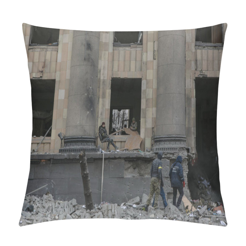 Personality  UKRAINE, KHARKIV, 01 MARCH 2022: View Of The Ruined City Center Of Kharkiv. Russia's Invasion Of Ukraine. Pillow Covers