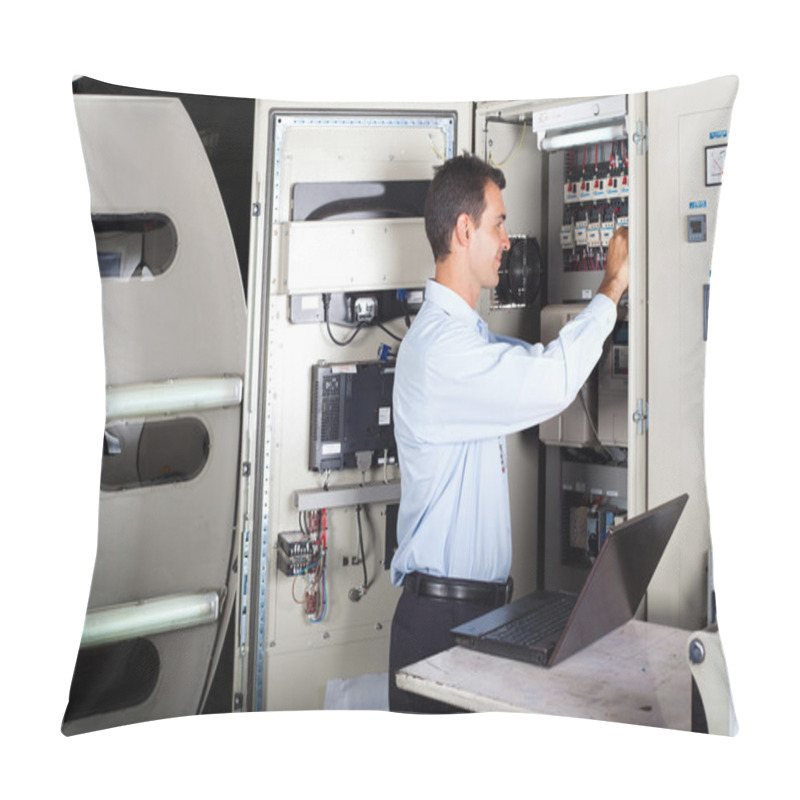 Personality  Technician Repairing Industrial Machine With Computer Pillow Covers