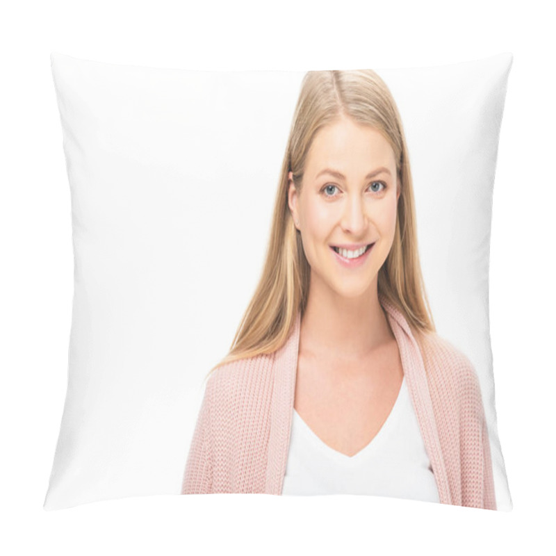 Personality  Beautiful Woman In Pink Cardigan Smiling And Looking At Camera Isolated On White Pillow Covers