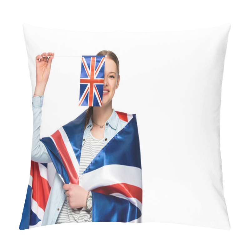 Personality  Happy Pretty Girl With Obscure Face And Uk Flags Isolated On White Pillow Covers