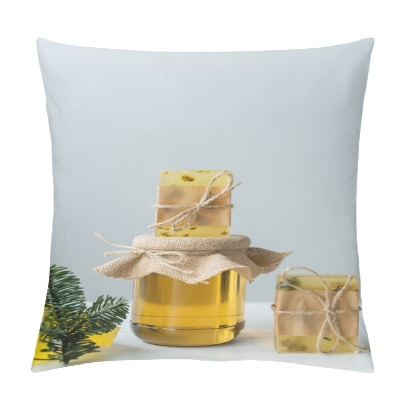 Personality  Handmade Soap On Jar With Honey Near Spruce Branch On Grey Background  Pillow Covers