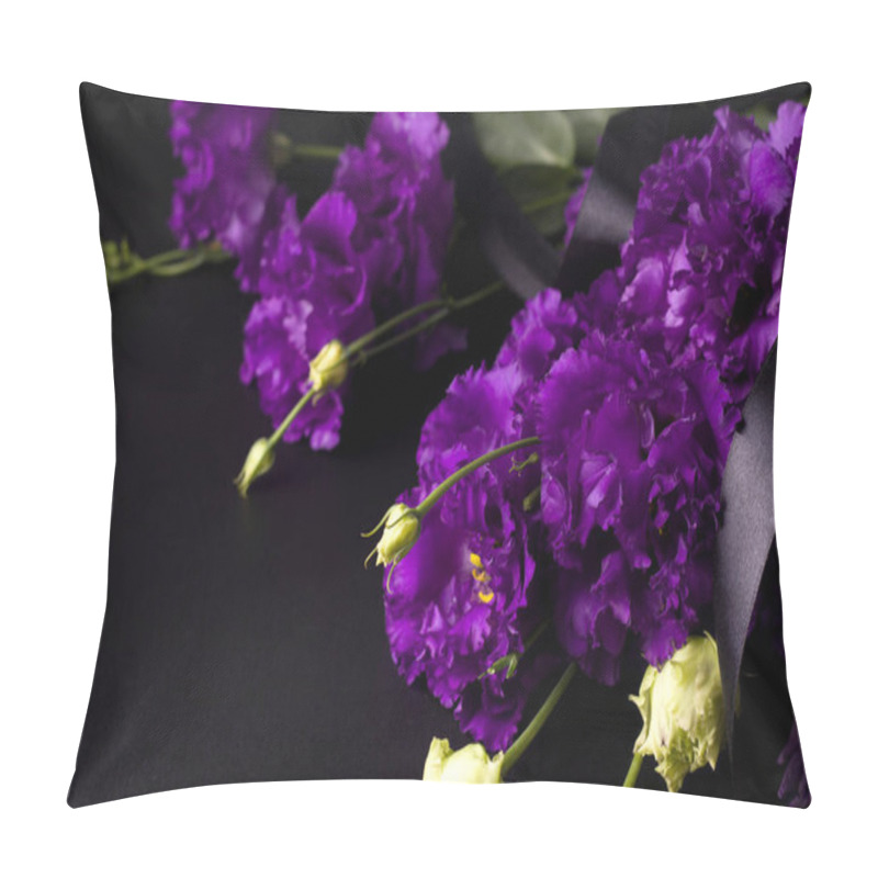 Personality  Funeral Purple Flowers Of Eustoma On A Black Background. Copy Space Pillow Covers