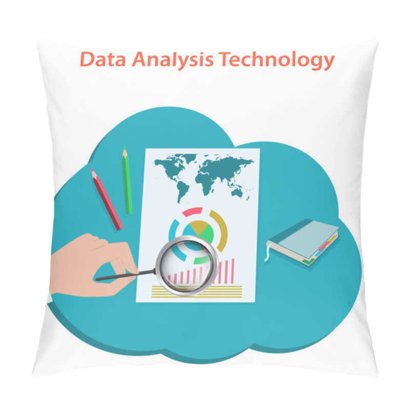 Personality  Data Analysis - Hand, Magnifier, Blank With World Map, Diagram - Vector. Business Technology. Pillow Covers