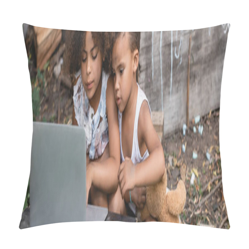 Personality  Panoramic Orientation Of Poor African American Kids Using Laptop Outside  Pillow Covers