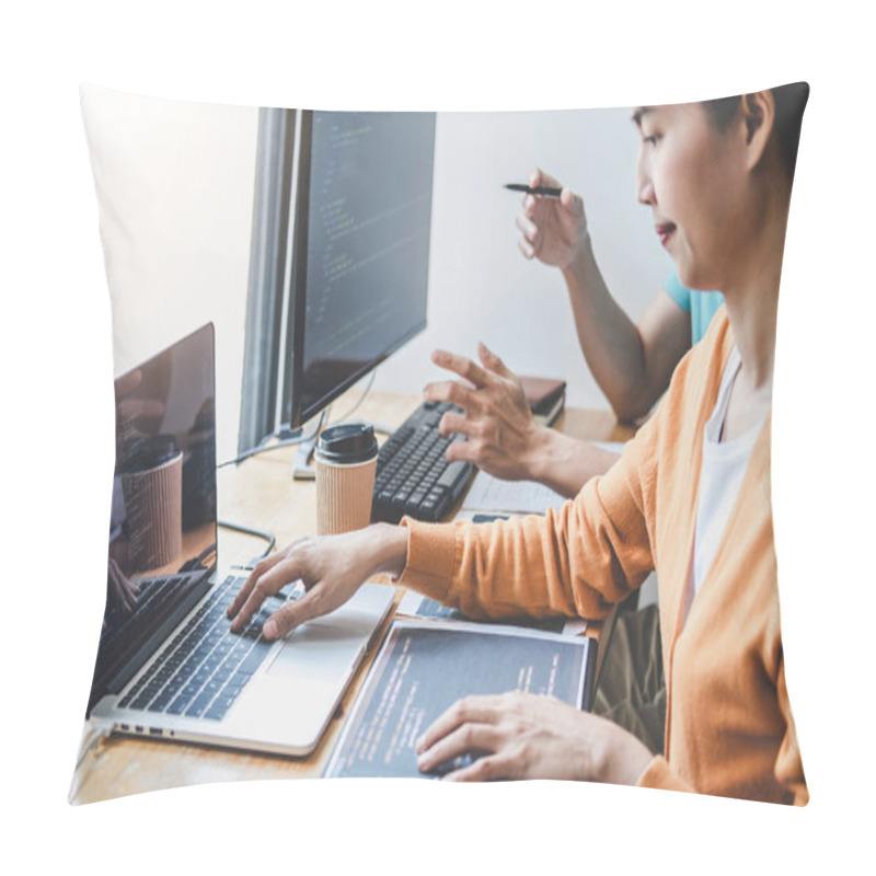 Personality  Two Professional Programmer Cooperating And Working On Web Site  Pillow Covers