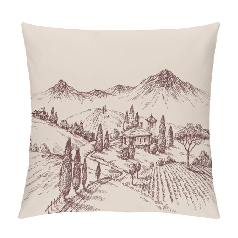 Personality  Vineyard Sketch. Wine Label Design. Rural Landscape Drawing Pillow Covers