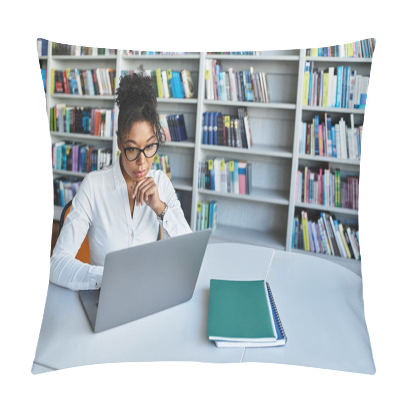 Personality  A Dedicated African American Teacher Thoughtfully Prepares Lessons At Her Desk Surrounded By Books. Pillow Covers