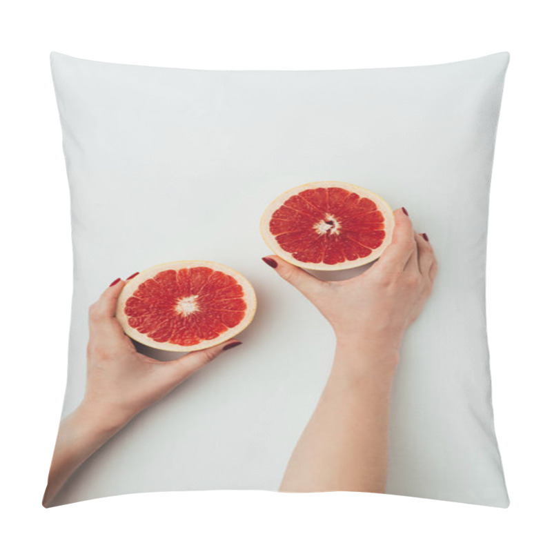 Personality  Cropped View Of Woman Holding Grapefruit Halves, On Grey Pillow Covers