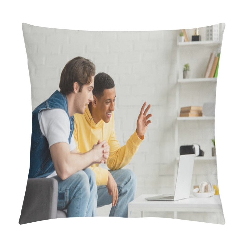 Personality  Cheerful Interracial Friends Sitting Together And Watching At Laptop In Modern Living Room Pillow Covers