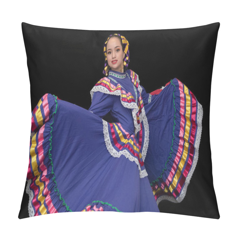 Personality  Latin Woman Dressed In A Dress From Jalisco Mexico, Purple Skirmish With Ribbons Of Bright Colors, Braids And In Movement Skirt And Smile, Black Background Pillow Covers