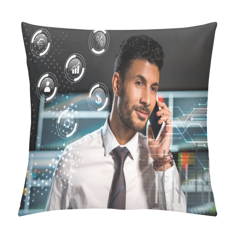 Personality  Happy Bi-racial Trader Talking On Smartphone Near Bubbles With Charts And Graphs  Pillow Covers