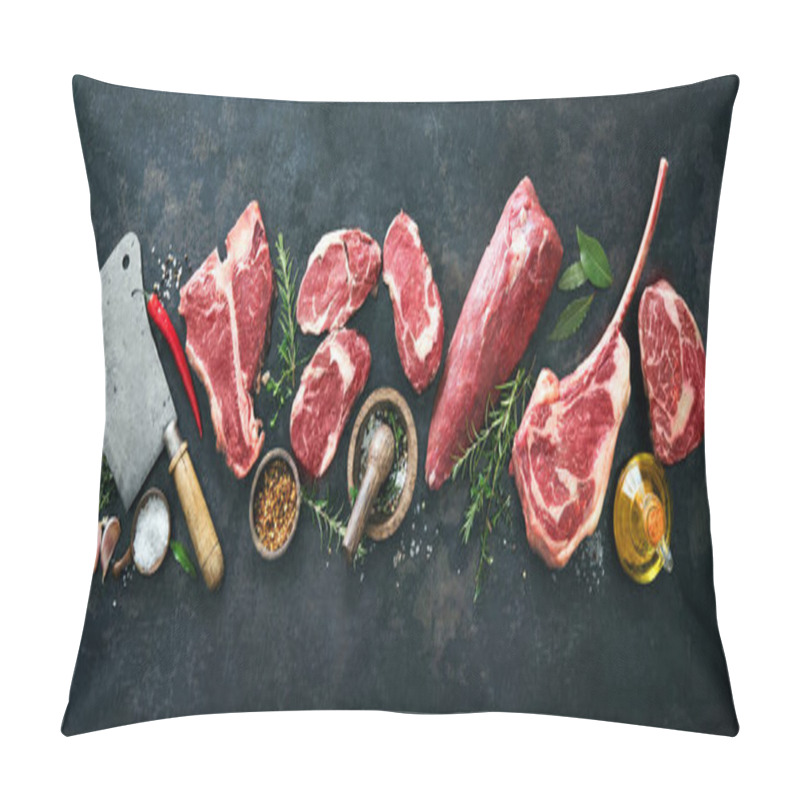 Personality  Variety Of Raw Beef Meat Steaks For Grilling With Seasoning And Utensils On Dark Rustic Board Pillow Covers